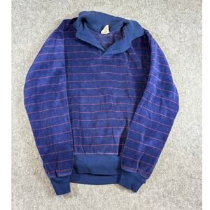 Vintage 70s Campus Velour Pullover Sweater Womens Small Blue Striped Hipster
